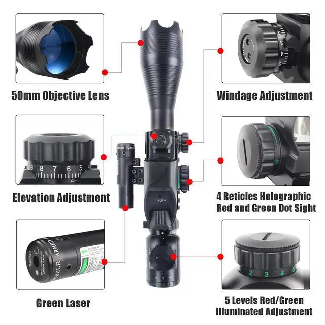 Alt view image 3 of 6 - 4-16x50 Tactical Rifle Scope Red/Green Illuminated Range Finder Reticle W/Laser Sight and Holographic Reflex Dot Sight
