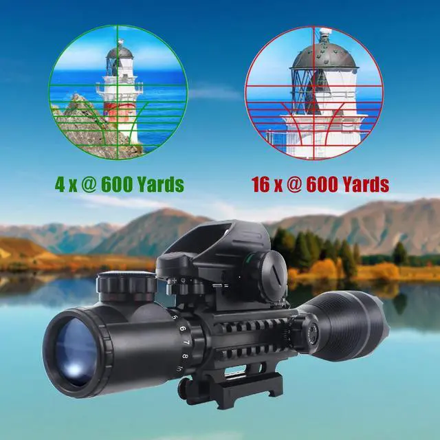 Alt view image 6 of 6 - 4-16x50 Tactical Rifle Scope Red/Green Illuminated Range Finder Reticle W/Laser Sight and Holographic Reflex Dot Sight