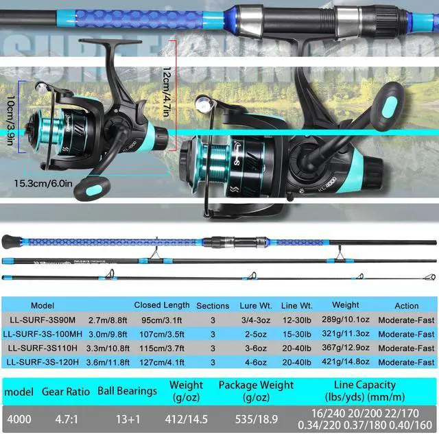 Alt view image 4 of 7 - 3 Piece Baitfeeder Combo Surf Fishing Rod Combo Medium/Heavy Travel Spinning Rod with 4000 Size Reel (9'/10'/11'/12')