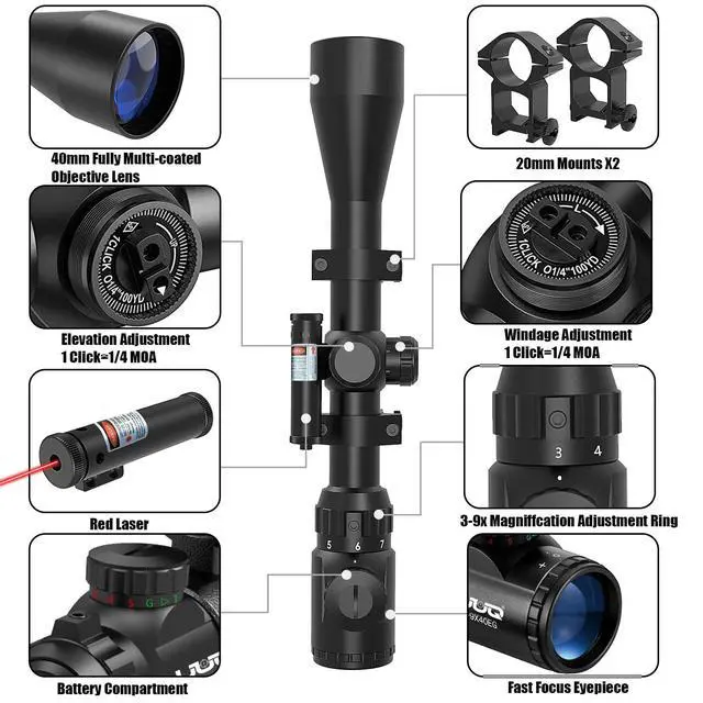 Alt view image 6 of 7 - 3-9×40 Rifle Scope with Gun Laser,Fits 20mm /11mm Mounts