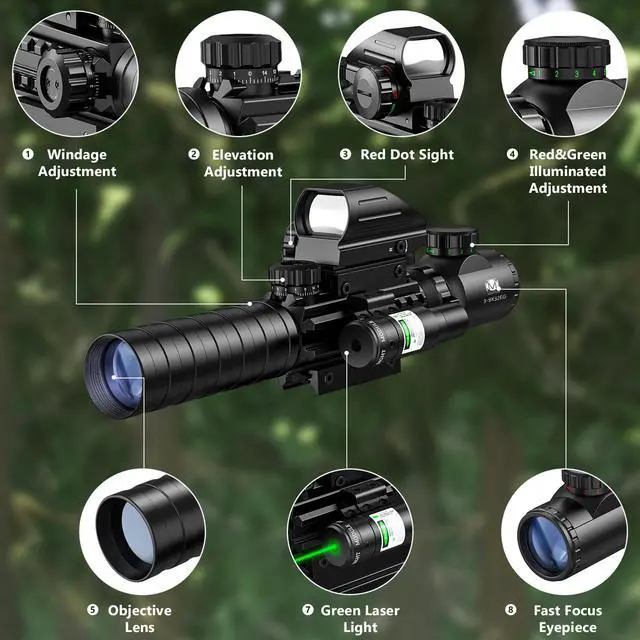 Alt view image 2 of 7 - 3-9x32 Scope Combo with Dual Illuminated Scope Optics & 4 Holographic Reticle Red/Green Dot Sight & IIIA/2MW Laser Sight Rangefinder Illuminated Reflex Sight & 20mm Mount