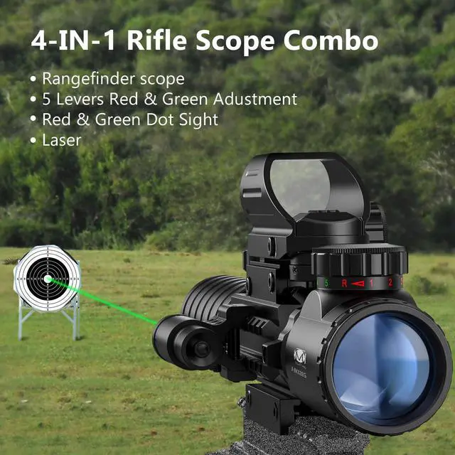 Alt view image 3 of 7 - 3-9x32 Scope Combo with Dual Illuminated Scope Optics & 4 Holographic Reticle Red/Green Dot Sight & IIIA/2MW Laser Sight Rangefinder Illuminated Reflex Sight & 20mm Mount