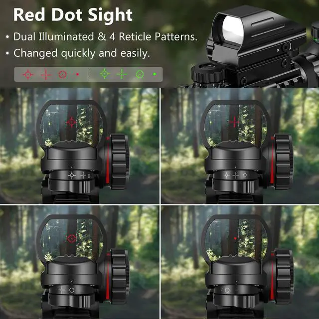 Alt view image 5 of 7 - 3-9x32 Scope Combo with Dual Illuminated Scope Optics & 4 Holographic Reticle Red/Green Dot Sight & IIIA/2MW Laser Sight Rangefinder Illuminated Reflex Sight & 20mm Mount