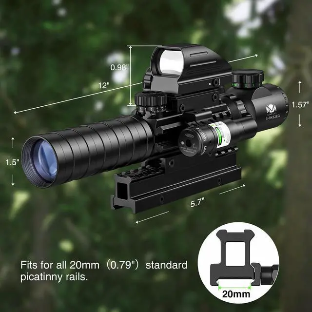 Alt view image 7 of 7 - 3-9x32 Scope Combo with Dual Illuminated Scope Optics & 4 Holographic Reticle Red/Green Dot Sight & IIIA/2MW Laser Sight Rangefinder Illuminated Reflex Sight & 20mm Mount