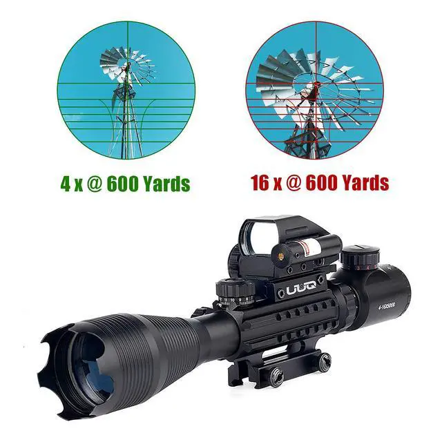 Alt view image 4 of 7 - 4-16x50 Tactical Rifle Scope Red/Green Illuminated Range Finder Reticle W/Laser Sight and Holographic Reflex Dot Sight