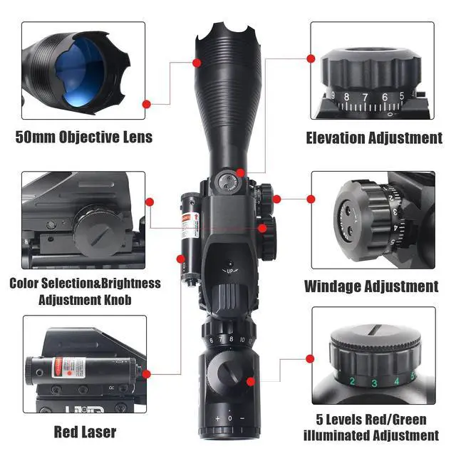 Alt view image 6 of 7 - 4-16x50 Tactical Rifle Scope Red/Green Illuminated Range Finder Reticle W/Laser Sight and Holographic Reflex Dot Sight