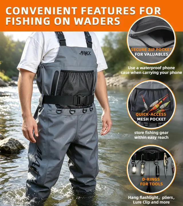 Alt view image 3 of 7 - High Strength Nylon PVC Waterproof Fishing Chest Waders with Bootfoot | 600D Premium Ripstop Nylon Taslon Fabric,Dmultiple D-rings,Anti-Slip Boots,Comfortable Adjustable Fit,Waterproof&Durable