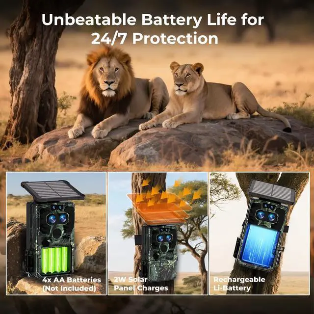 Alt view image 4 of 7 - WiFi Trail Camera, 4K Solar Game Camera Starlight Night Vision Dual Lens, No Subscription Trail Camera 0.1s Trigger, IP66 Waterproof, Motion Activated for Wildlife Monitoring & Security