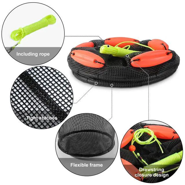 Alt view image 4 of 7 - Extra Large Foldable Floating Fishing Basket for Live Caught Fish, Heavy Duty Coated Mesh Bait Pen, Collapsible Mesh Fishing Basket