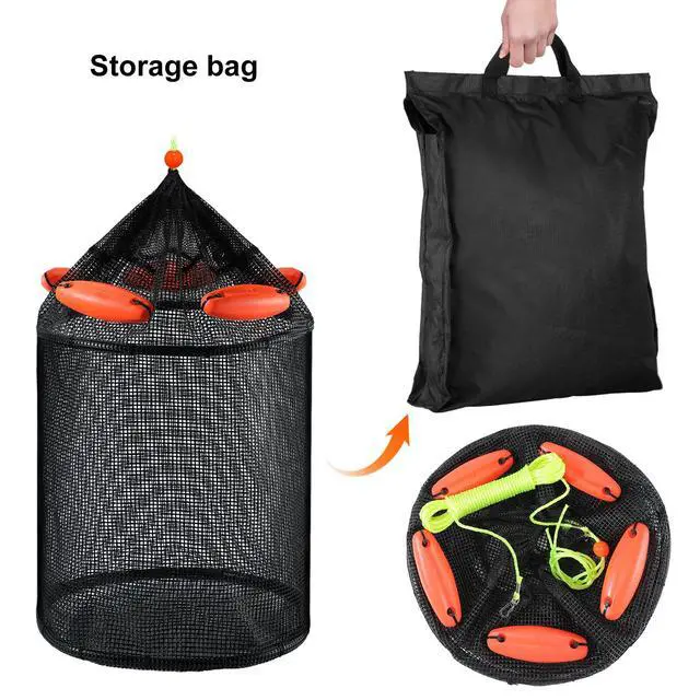 Alt view image 7 of 7 - Extra Large Foldable Floating Fishing Basket for Live Caught Fish, Heavy Duty Coated Mesh Bait Pen, Collapsible Mesh Fishing Basket