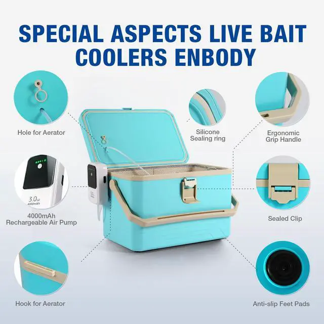 Alt view image 4 of 6 - Fishing Cooler 11QT/15QT Live Bait Cooler with 4000mAh Rechargeable Aerator for Fishing,Bait Bucket for Live Fish Shrimp,Portable Minnow Bucket for Boat Outdoors