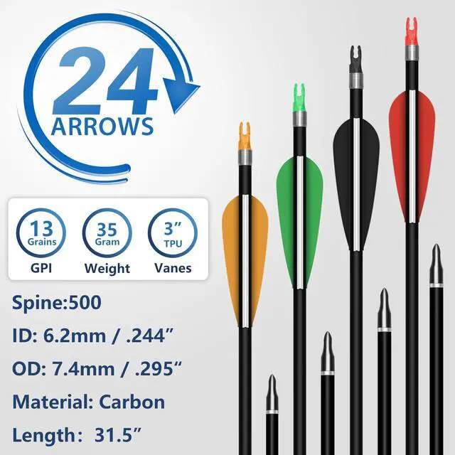 Alt view image 2 of 7 - Archery 24PCS Compound Bow Arrows for Practice. 30" Carbon Shaft, Spine 500 with Removable Tips. 4 Colors Vane Fit for Indoor and Outdoor Archery