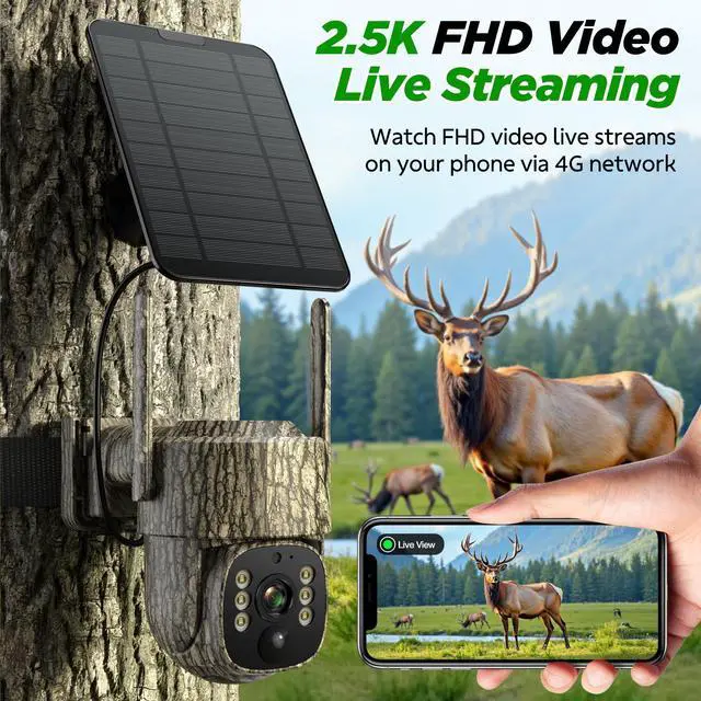 Alt view image 2 of 6 - Trail Camera, 4G LTE Cellular Game Cameras with 360° Live Streaming, 2.5K Wildlife Hunting Camera Solar Powered, Security Camera Built-in SIM Card, Night Vision, Motion Activated, Waterproof