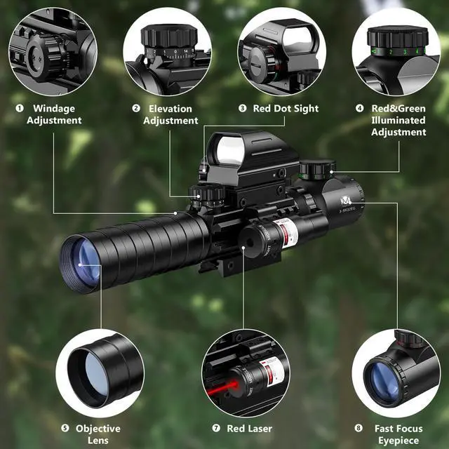 Alt view image 2 of 7 - 3-9x32 Scope Combo with Dual Illuminated Scope Optics & 4 Holographic Reticle Red/Green Dot Sight & IIIA/2MW Laser Sight Rangefinder Illuminated Reflex Sight & 20mm Mount