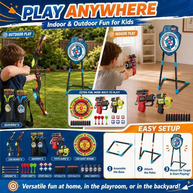 Alt view image 4 of 7 - 2 Pack Kids LED Bow and Arrow Set with Standing Target & LED Dart Board, 20 Suction Cup Arrows, 2 Quivers, Foam Dart Toys, Indoor Outdoor Archery Toy Gift for Boys Girls Ages 3-12