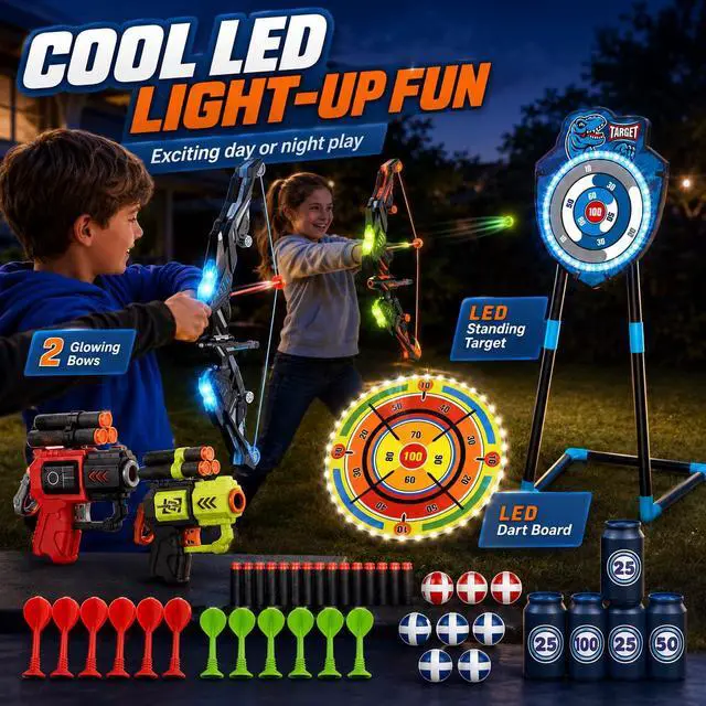 Alt view image 3 of 7 - 2 Pack Kids LED Bow and Arrow Set with Standing Target & LED Dart Board, 20 Suction Cup Arrows, 2 Quivers, Foam Dart Toys, Indoor Outdoor Archery Toy Gift for Boys Girls Ages 3-12