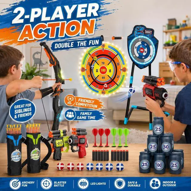 Alt view image 5 of 7 - 2 Pack Kids LED Bow and Arrow Set with Standing Target & LED Dart Board, 20 Suction Cup Arrows, 2 Quivers, Foam Dart Toys, Indoor Outdoor Archery Toy Gift for Boys Girls Ages 3-12