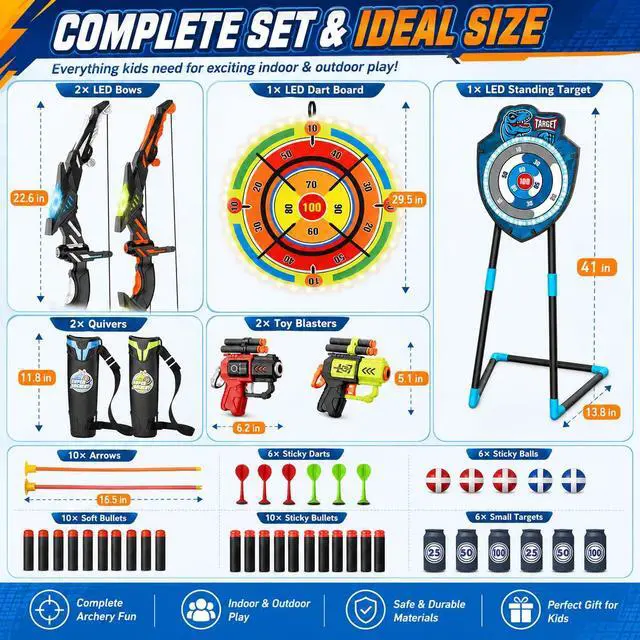 Alt view image 6 of 7 - 2 Pack Kids LED Bow and Arrow Set with Standing Target & LED Dart Board, 20 Suction Cup Arrows, 2 Quivers, Foam Dart Toys, Indoor Outdoor Archery Toy Gift for Boys Girls Ages 3-12