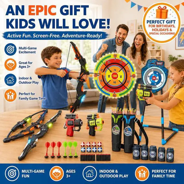 Alt view image 7 of 7 - 2 Pack Kids LED Bow and Arrow Set with Standing Target & LED Dart Board, 20 Suction Cup Arrows, 2 Quivers, Foam Dart Toys, Indoor Outdoor Archery Toy Gift for Boys Girls Ages 3-12