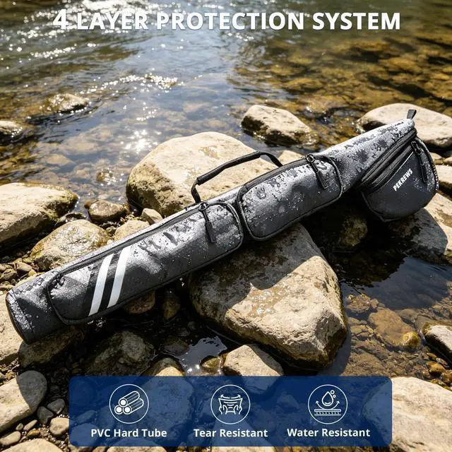 Alt view image 5 of 7 - Fly Rod Case, 30.5" Fishing Rod Bag Fit 9' 4-Piece Fly Rod and Reel with 2 Side Pockets, Padded Reel Pouch, Shoulder Strap, Portable Travel Fly Rod Tube, Fishing Pole Holder For Angler, Grey