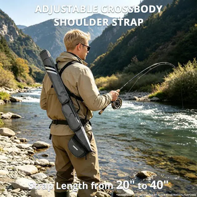 Alt view image 6 of 7 - Fly Rod Case, 30.5" Fishing Rod Bag Fit 9' 4-Piece Fly Rod and Reel with 2 Side Pockets, Padded Reel Pouch, Shoulder Strap, Portable Travel Fly Rod Tube, Fishing Pole Holder For Angler, Grey