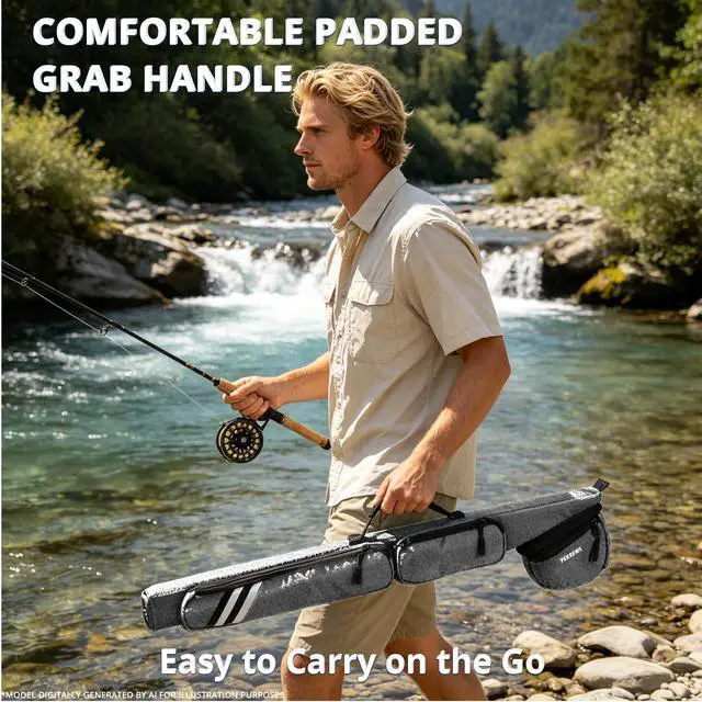 Alt view image 7 of 7 - Fly Rod Case, 30.5" Fishing Rod Bag Fit 9' 4-Piece Fly Rod and Reel with 2 Side Pockets, Padded Reel Pouch, Shoulder Strap, Portable Travel Fly Rod Tube, Fishing Pole Holder For Angler, Grey