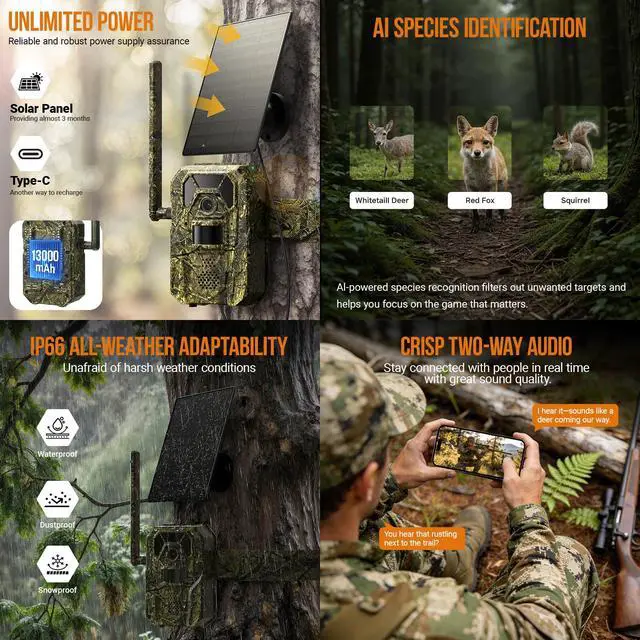 Alt view image 4 of 7 - ® Cellular Trail Camera 4G Wild Game Cameras 13,000 mAh Battery Solar Panel 2K Audible Video No-Glow IR Night Vision IP66 Waterproof for Wildlife Deer Monitoring Home Security (Green)