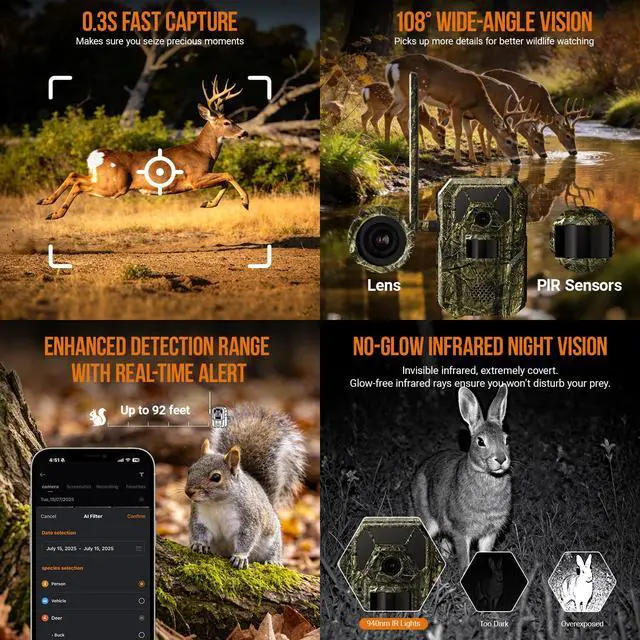 Alt view image 5 of 7 - ® Cellular Trail Camera 4G Wild Game Cameras 13,000 mAh Battery Solar Panel 2K Audible Video No-Glow IR Night Vision IP66 Waterproof for Wildlife Deer Monitoring Home Security (Green)