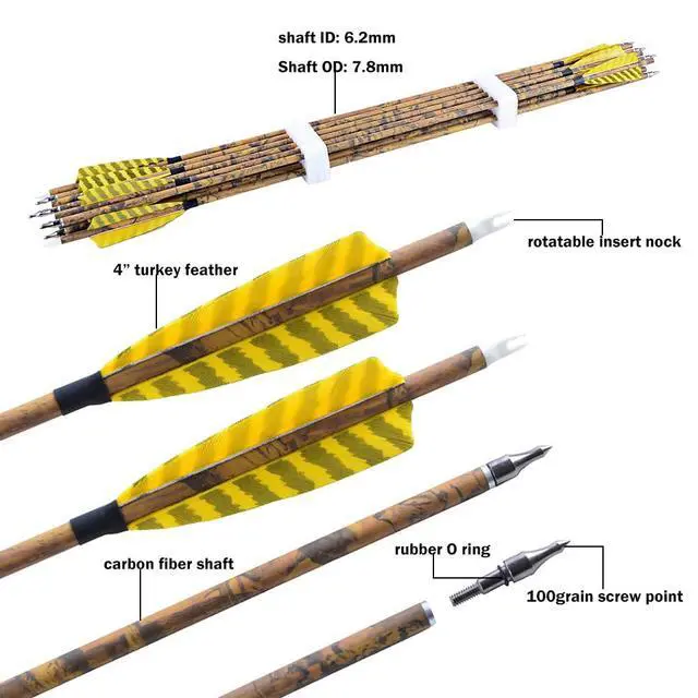 Alt view image 3 of 6 - 30 Archery Carbon Arrows Hunting Arrows with 4 Turkey Feather Removable Tips Targeting Practice Arrows 500 Spine for Compound & Recurve & Traditional Bow 6/12pcs
