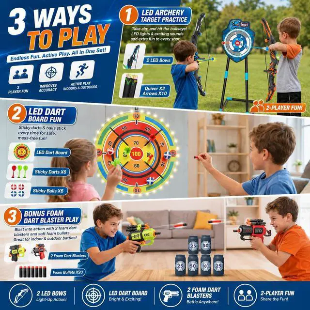 Alt view image 2 of 7 - 2 Pack Kids LED Bow and Arrow Set with Standing Target & LED Dart Board, 20 Suction Cup Arrows, 2 Quivers, Foam Dart Toys, Indoor Outdoor Archery Toy Gift for Boys Girls Ages 3-12