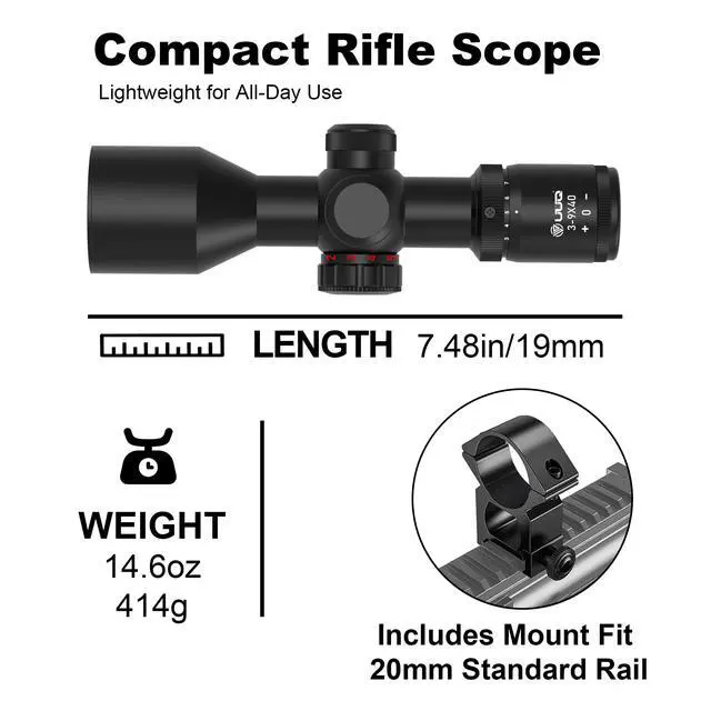 Alt view image 5 of 7 - 3-9x40 Compact Rifle Scope Red/Green Illuminated Reticle, Parallax Correction & Fast Focus | Lightweight & Water-Resistant | Fits 11/20mm Rails