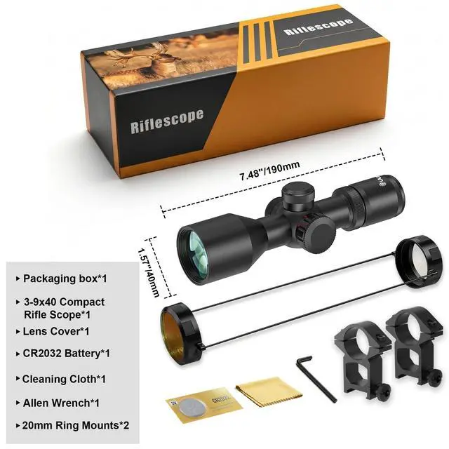 Alt view image 7 of 7 - 3-9x40 Compact Rifle Scope Red/Green Illuminated Reticle, Parallax Correction & Fast Focus | Lightweight & Water-Resistant | Fits 11/20mm Rails