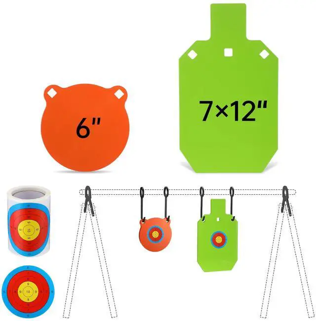 Main image of 1/2 3/8 Inch Thick Ar500 Steel Target Combo Set, Gong with 100 Paper Targets & Hanging Kit, Neon Color, Hooks, Lock Pins, Leg Brackets for 1 Inch Od EMT Conduit