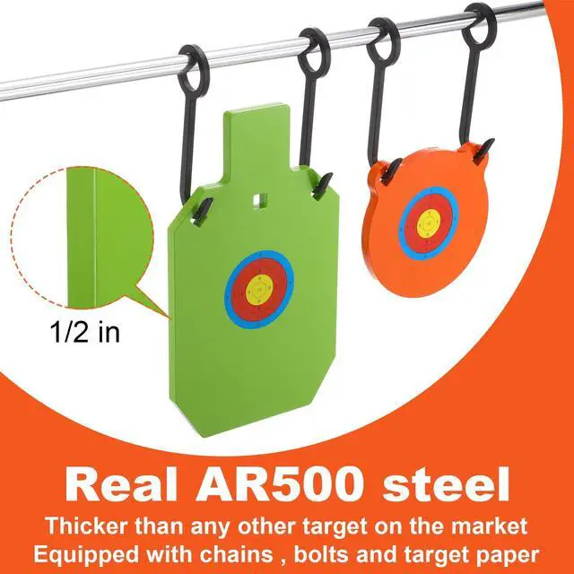 Alt view image 4 of 7 - 1/2 3/8 Inch Thick Ar500 Steel Target Combo Set, Gong with 100 Paper Targets & Hanging Kit, Neon Color, Hooks, Lock Pins, Leg Brackets for 1 Inch Od EMT Conduit