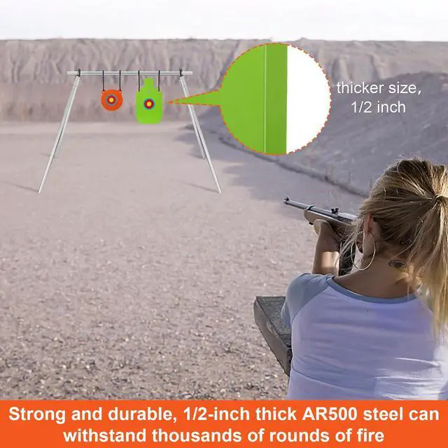 Alt view image 6 of 7 - 1/2 3/8 Inch Thick Ar500 Steel Target Combo Set, Gong with 100 Paper Targets & Hanging Kit, Neon Color, Hooks, Lock Pins, Leg Brackets for 1 Inch Od EMT Conduit