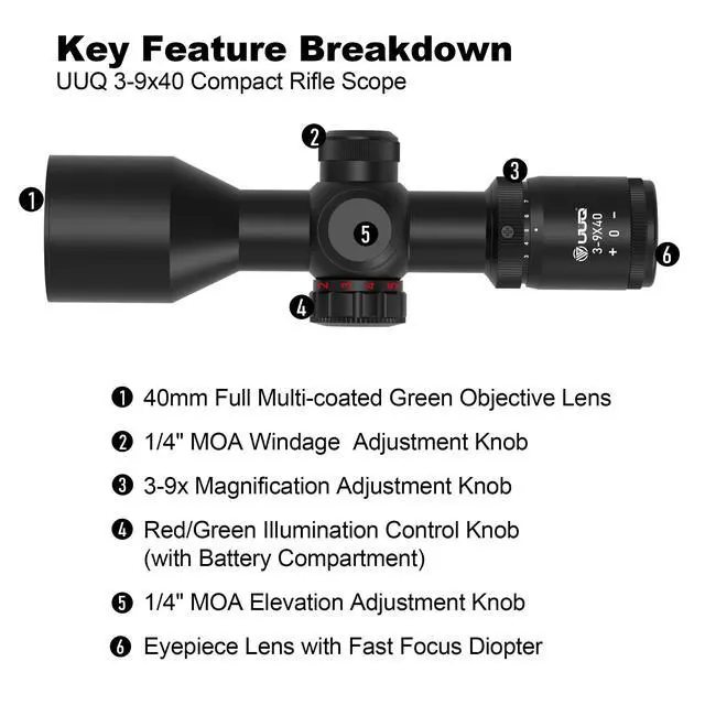 Alt view image 3 of 7 - 3-9x40 Compact Rifle Scope Red/Green Illuminated Reticle, Parallax Correction & Fast Focus | Lightweight & Water-Resistant | Fits 11/20mm Rails