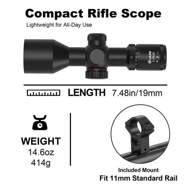 Alt view image 5 of 6 - 3-9x40 Compact Rifle Scope Red/Green Illuminated Reticle, Parallax Correction & Fast Focus | Lightweight & Water-Resistant | Fits 11/20mm Rails