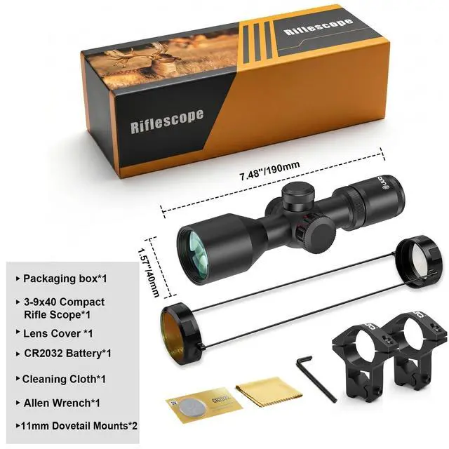 Alt view image 6 of 6 - 3-9x40 Compact Rifle Scope Red/Green Illuminated Reticle, Parallax Correction & Fast Focus | Lightweight & Water-Resistant | Fits 11/20mm Rails