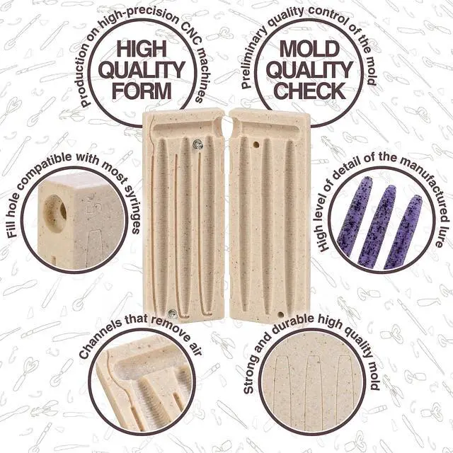 Alt view image 5 of 7 - Soft Plastic Injection Mold, 3-Cavity 5" Yama Senko Mold | CNC-Machined Acrylic Stone, Enhanced Air Vent Channels, Bubble-Free Casting, Compatible with Standard Injectors