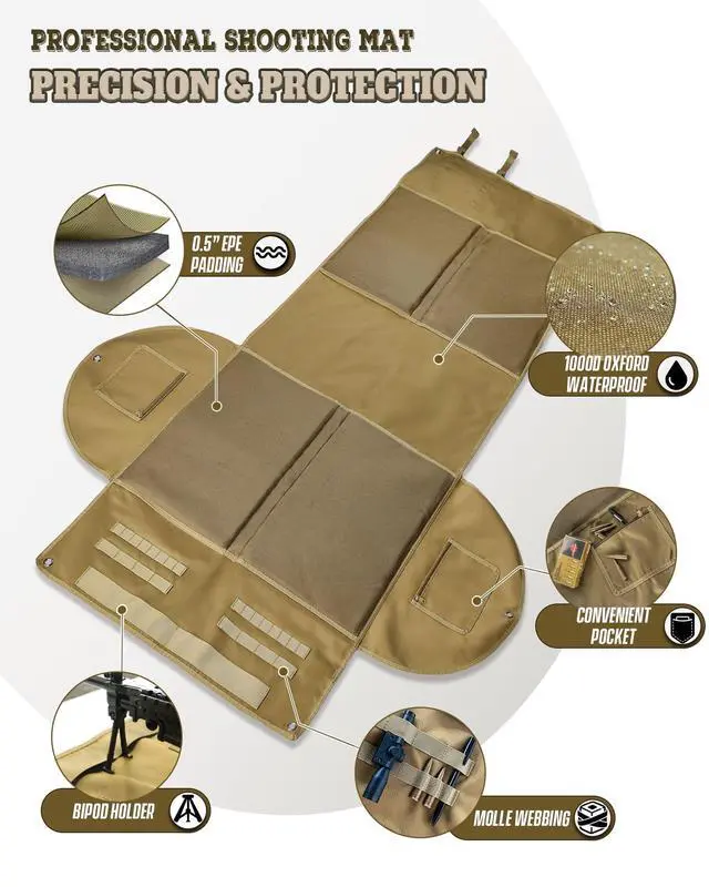 Alt view image 3 of 5 - Shooting Mat, Tactical Prone Padded Shooting Mats, with 2 Pockets & Molle Webbings & Bipod Holder, Extra Large Non-Slip Waterproof Foldable Pad Blanket for Long Range Rifle Shooting Hunting