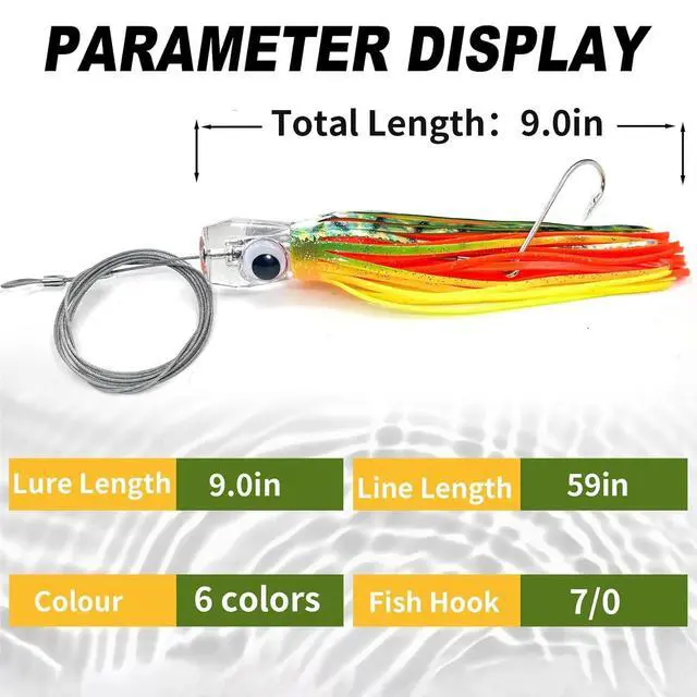 Alt view image 2 of 6 - Trolling Lure Saltwater,6.5/9 inch 6 pcs Squid Skirted Deep Sea Fishing Lure kit,Tuna,Marlin,Wahoo,Shark,Mahi Trolling Fishing Lures