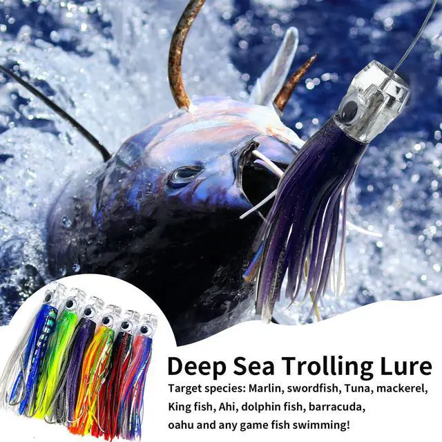 Alt view image 5 of 6 - Trolling Lure Saltwater,6.5/9 inch 6 pcs Squid Skirted Deep Sea Fishing Lure kit,Tuna,Marlin,Wahoo,Shark,Mahi Trolling Fishing Lures