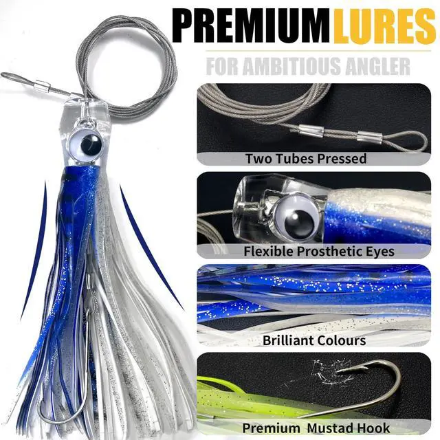 Alt view image 3 of 6 - Trolling Lure Saltwater,6.5/9 inch 6 pcs Squid Skirted Deep Sea Fishing Lure kit,Tuna,Marlin,Wahoo,Shark,Mahi Trolling Fishing Lures