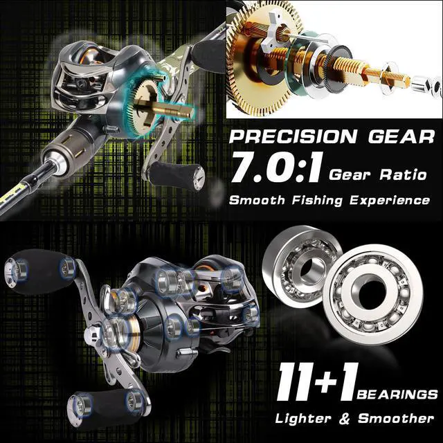 Alt view image 7 of 7 - Baitcaster Combo for Freshwater and Inshore, 2 Piece 30Ton+24Ton Graphite Fishing Rod with SuperPolymer Handle, 7.0:1 Gear Ratio Baitcasting Reel, 11+1 Bearings, S Style Hook Keeper