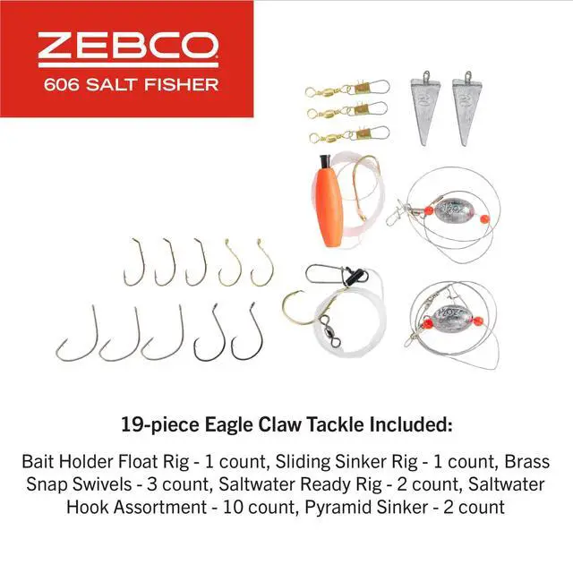 Alt view image 7 of 7 - 606 Salt Fisher Spincast Reel and Fishing Rod Combo, 7-Foot 2-Piece Telescopic Rod, Size 60 Reel, 19-Piece Eagle Claw Tackle Kit