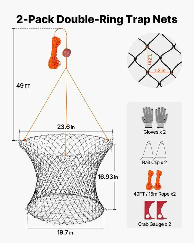 Alt view image 2 of 7 - Double Ring Crab Trap, 24 inch Top, 20 inch Bottom, Two Rings Crab Kit, Foldable Fishing Net with Gauge, 60 ft Rope, Wire Grid Bottom, Rock and Blue Crab, Dock & Pier Crabbing, 2 Set