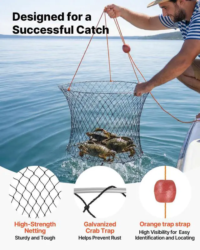 Alt view image 3 of 7 - Double Ring Crab Trap, 24 inch Top, 20 inch Bottom, Two Rings Crab Kit, Foldable Fishing Net with Gauge, 60 ft Rope, Wire Grid Bottom, Rock and Blue Crab, Dock & Pier Crabbing, 2 Set
