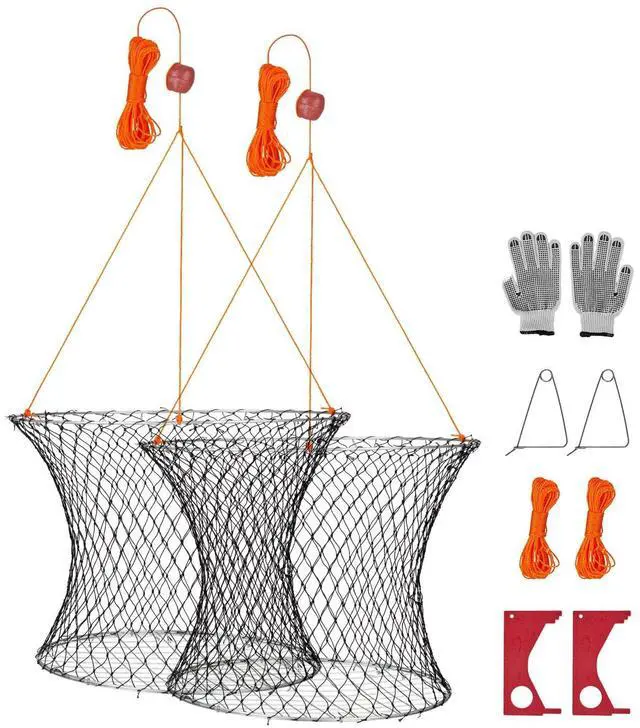 Main image of Double Ring Crab Trap, 24 inch Top, 20 inch Bottom, Two Rings Crab Kit, Foldable Fishing Net with Gauge, 60 ft Rope, Wire Grid Bottom, Rock and Blue Crab, Dock & Pier Crabbing, 2 Set
