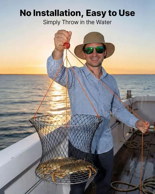 Alt view image 5 of 7 - Double Ring Crab Trap, 24 inch Top, 20 inch Bottom, Two Rings Crab Kit, Foldable Fishing Net with Gauge, 60 ft Rope, Wire Grid Bottom, Rock and Blue Crab, Dock & Pier Crabbing, 2 Set