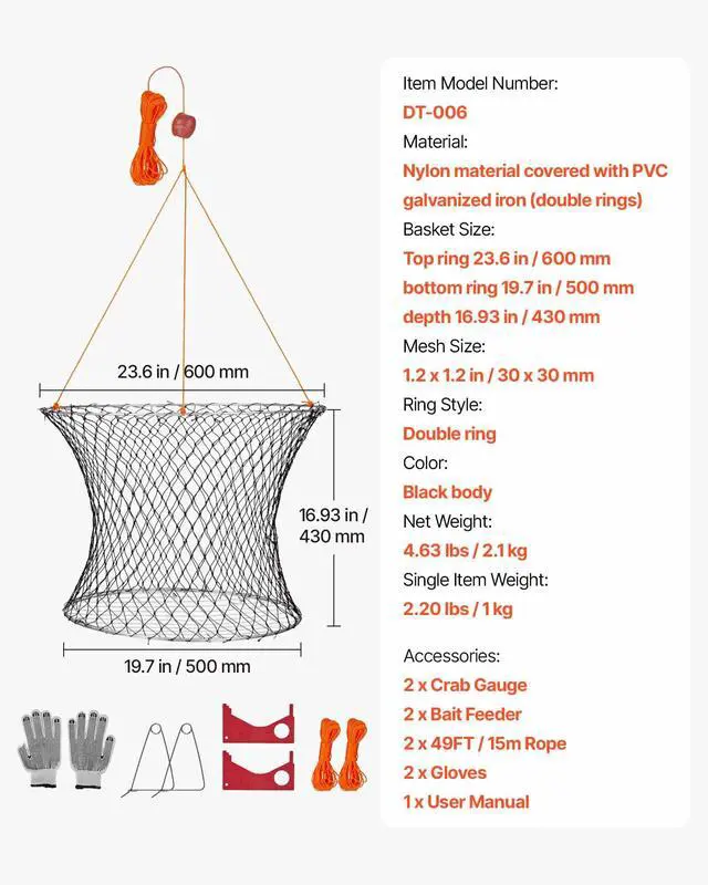 Alt view image 7 of 7 - Double Ring Crab Trap, 24 inch Top, 20 inch Bottom, Two Rings Crab Kit, Foldable Fishing Net with Gauge, 60 ft Rope, Wire Grid Bottom, Rock and Blue Crab, Dock & Pier Crabbing, 2 Set